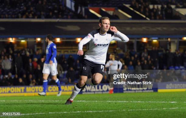 Andreas Weimann of Derby County celebrates after scoring during the Sky Bet Championship match between Birmingham City and Derby County at St Andrews...