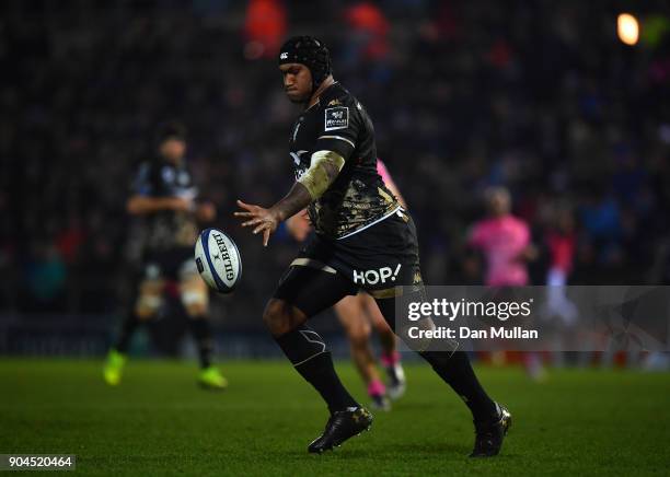 Nemani Nadolo of Montpellier kicks during the European Rugby Champions Cup match between Exeter Chiefs and Montpellier at Sandy Park on January 13,...