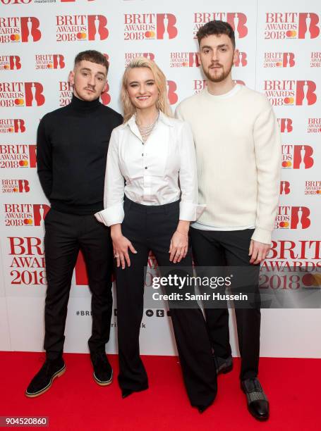 Images from this event are only to be used in relation to this event. Luke Patterson, Grace Chatto and Jack Patterson of Clean Bandit attend The BRIT...