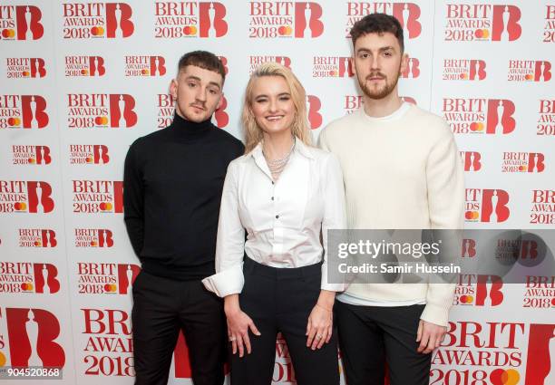 Images from this event are only to be used in relation to this event. Luke Patterson, Grace Chatto and Jack Patterson of Clean Bandit attend The BRIT...