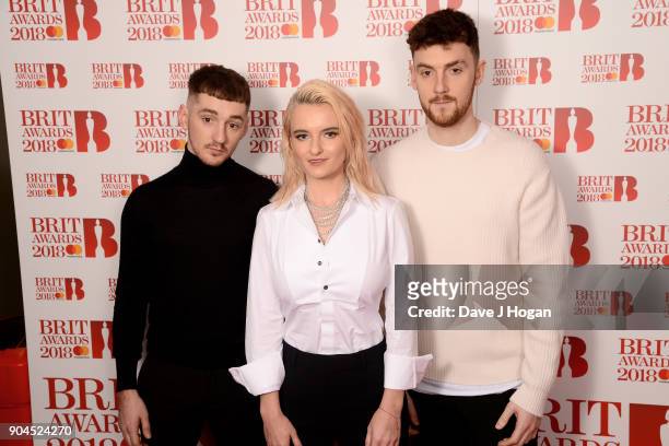 Images from this event are only to be used in relation to this event. Luke Patterson, Grace Chatto and Jack Patterson of Clean Bandit attend The BRIT...