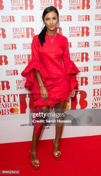 Images from this event are only to be used in relation to this event. Maya Jama attends The BRIT Awards 2018 nominations photocall held at ITV...