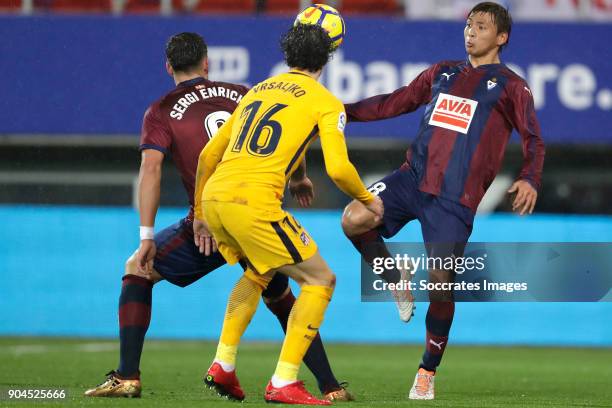 Sergi Enrich of SD Eibar, Sime Vrsaljko of Atletico Madrid, Inui of SD Eibar during the La Liga Santander match between Eibar v Atletico Madrid at...