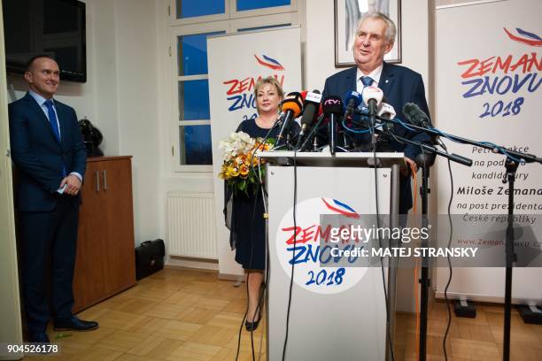 Czech President Milos Zeman delivers his speech to journalists at his election headquarters after the first round of the presidential election on...