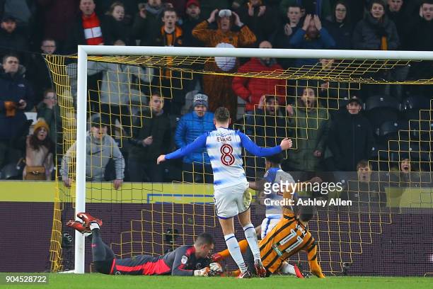 Jon Toral of Hull City puts the ball past goalkeeper Vito Mannone of Reading and has the goal disallowed during the Sky Bet Championship match...