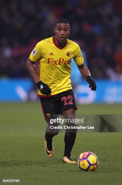 Marvin Zeegelaar of Watford in action during the Premier League match between Watford and Southampton at Vicarage Road on January 13, 2018 in...