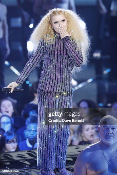 Images from this event are only to be used in relation to this event. Paloma Faith performs at the BRIT Awards 2018 nominations at ITV Studios on...