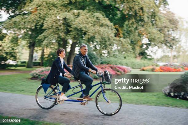 full length of senior couple enjoying tandem bike ride in park - tandem bicycle foto e immagini stock
