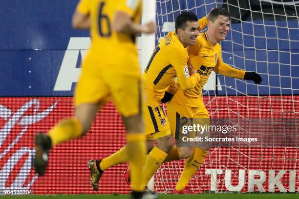 Kevin Cameiro of Atletico Madrid celebrates 0-1 with Angel Correa of Atletico Madrid during the La Liga Santander match between Eibar v Atletico...