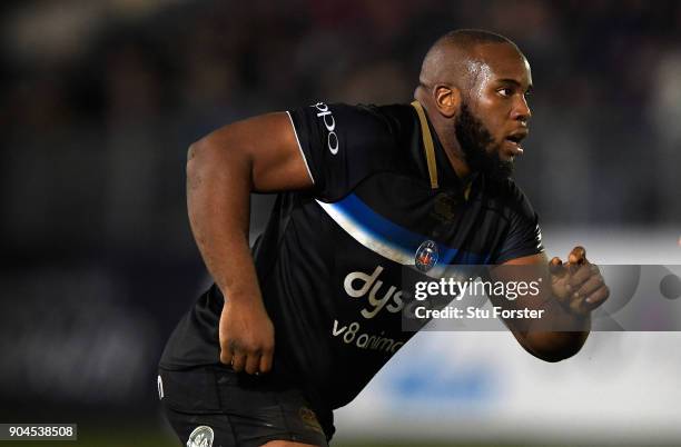 Beno Obano of Bath in action during the European Rugby Champions Cup match between Bath Rugby and Scarlets at Recreation Ground on January 12, 2018...