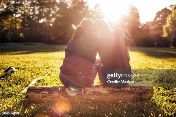 rear view of affectionate sisters sitting on log at park during sunny day - chagrin photos et images de collection