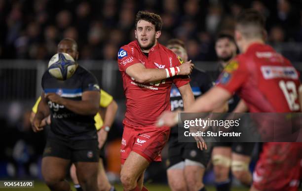 Scarlets player Dan Jones in action during the European Rugby Champions Cup match between Bath Rugby and Scarlets at Recreation Ground on January 12,...