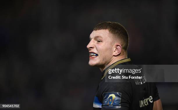 Bath player Sam Underhill reacts during the European Rugby Champions Cup match between Bath Rugby and Scarlets at Recreation Ground on January 12,...