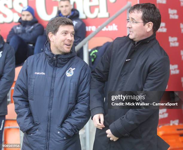 Blackpool's Manager Gary Bowyer greets Bristol Rovers' Manager Darrell Clarke during the Sky Bet League One match between Blackpool and Bristol...