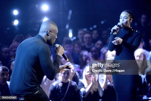 Images from this event are only to be used in relation to this event. Stormzy and Jorja Smith perform at The BRIT Awards 2018 nominations held at ITV...