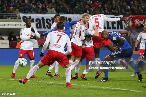 Naldo of Schalke after he scores a goal to make it 1:1 during the Bundesliga match between RB Leipzig and FC Schalke 04 at Red Bull Arena on January...