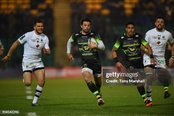 Ben Foden of Northampton Saints runs in to score a try during the European Rugby Champions Cup match between Northampton Saints and ASM Clermont...