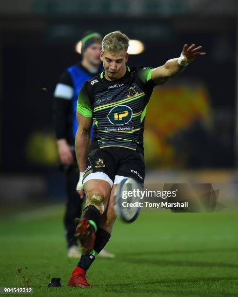 Harry Mallinder of Northampton Saints takes a conversion kick during the European Rugby Champions Cup match between Northampton Saints and ASM...