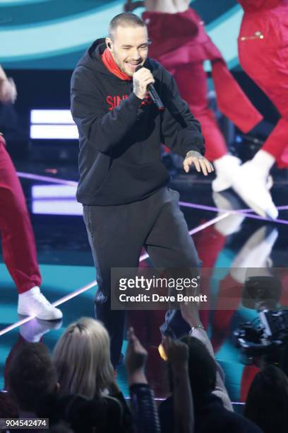 Images from this event are only to be used in relation to this event. Liam Payne performs at the BRIT Awards 2018 nominations at ITV Studios on...