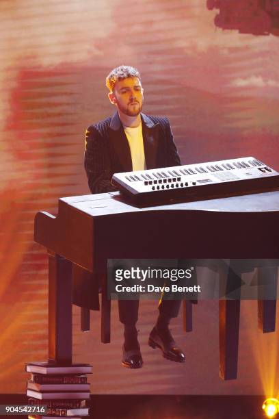 Images from this event are only to be used in relation to this event. Jack Patterson of Clean Bandit performs at the BRIT Awards 2018 nominations at...