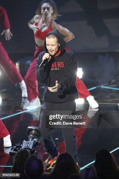 Images from this event are only to be used in relation to this event. Liam Payne performs at the BRIT Awards 2018 nominations at ITV Studios on...