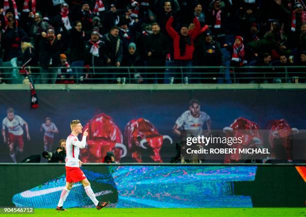 Leipzig´s forward Timo Werner celebrates scoring during the German first division Bundesliga football match between RB Leipzig and FC Schalke 04 in...