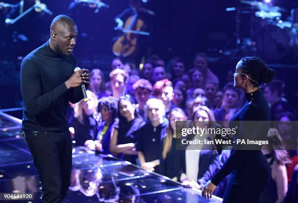 Stormzy and Jorja Smith performing at the Brit Awards 2018 Nominations event held at ITV Studios on Southbank, London.