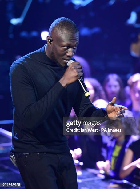Stormzy performing at the Brit Awards 2018 Nominations event held at ITV Studios on Southbank, London.