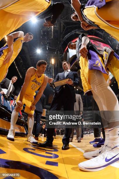 Head Coach Luke Walton of the Los Angeles Lakers talks with his team during the game against the San Antonio Spurs on January 11, 2018 at STAPLES...