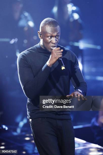 Images from this event are only to be used in relation to this event. Stormzy performs at the BRIT Awards 2018 nominations at ITV Studios on January...