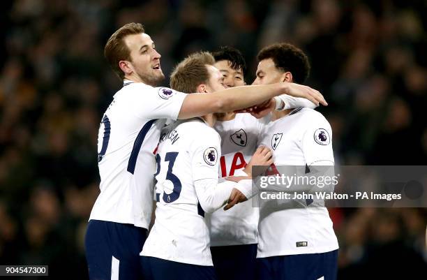 Tottenham Hotspur's Christian Eriksen celebrates scoring his side's fourth goal of the game with his teammates during the Premier League match at...