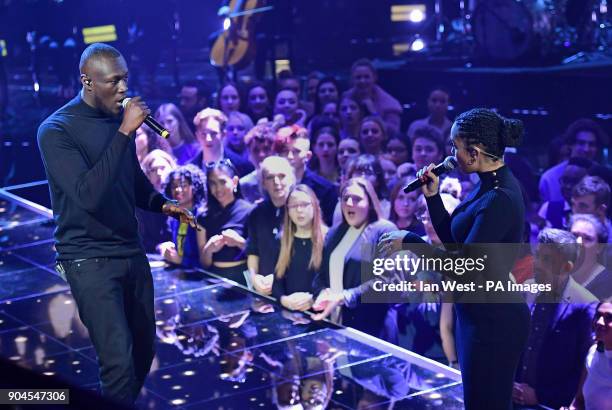 Stormzy and Jorja Smith performing at the Brit Awards 2018 Nominations event held at ITV Studios on Southbank, London.