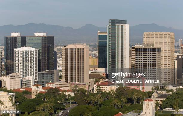 Morning view of the city of Honolulu, Hawaii is seen on January 13, 2018. - Social media ignited on January 13, 2018 after apparent screenshots of...