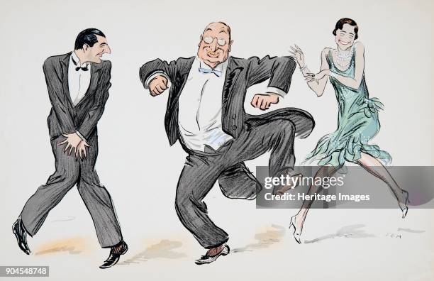 One gentleman in black tie, a further gentleman in white tie and tails, and a woman in a light green flapper dress and pearls dance the Charleston,...