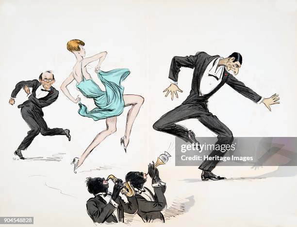 Two men in black tie and woman in bright blue dress dance to two musicians playing jazz on brass instruments, from 'White Bottoms' pub. 1927,.