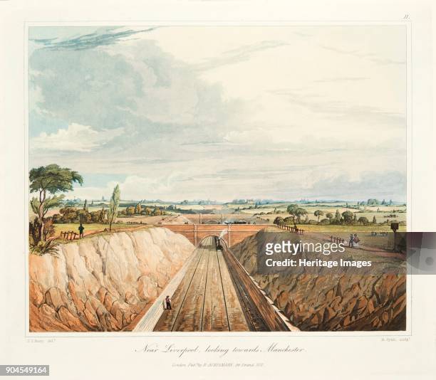 Near Liverpool, looking towards Manchester, published 1831 . From 'Coloured Views on the Liverpool and Manchester Railway with plates of the Coaches,...