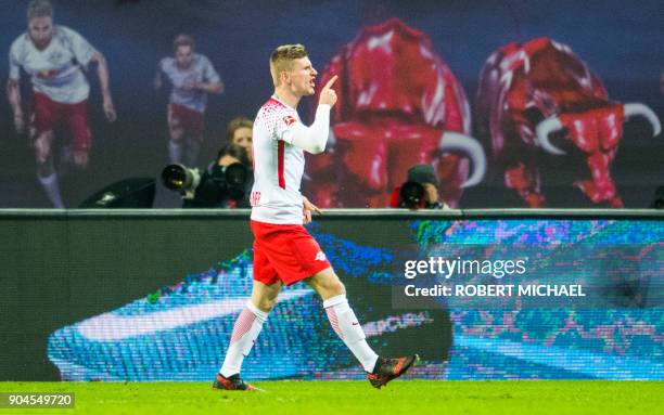 Leipzig´s forward Timo Werner celebrates scoring during the German first division Bundesliga football match between RB Leipzig and FC Schalke 04 in...