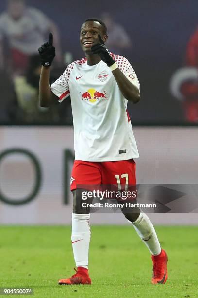 Bruma of Leipzig celebrates after he scored a goal to make it 3:1 during the Bundesliga match between RB Leipzig and FC Schalke 04 at Red Bull Arena...