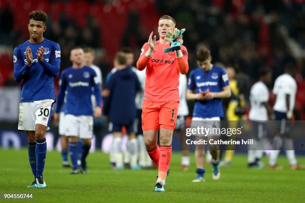 Jordan Pickford of Everton applauds fans after the Premier League match between Tottenham Hotspur and Everton at Wembley Stadium on January 13, 2018...