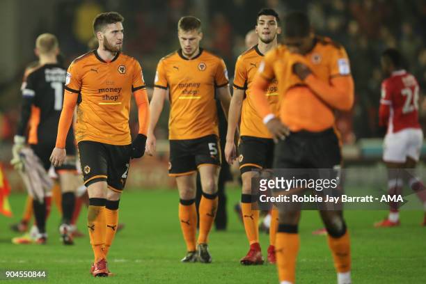 Dejected Wolverhampton Wanderers players at full time during the Sky Bet Championship match between Barnsley and Wolverhampton at Oakwell Stadium on...