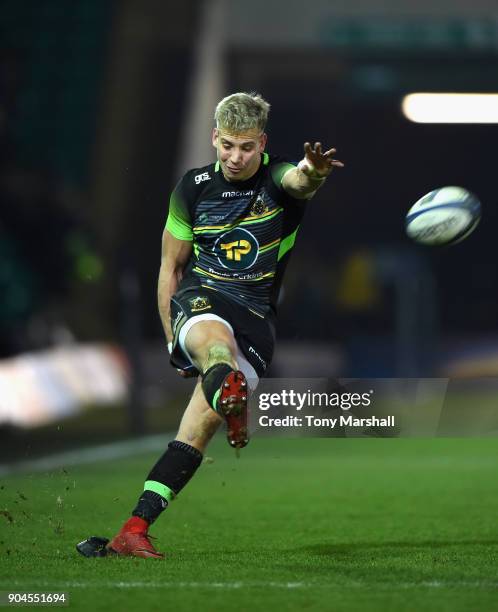 Harry Mallinder of Northampton Saints takes a conversion kick during the European Rugby Champions Cup match between Northampton Saints and ASM...