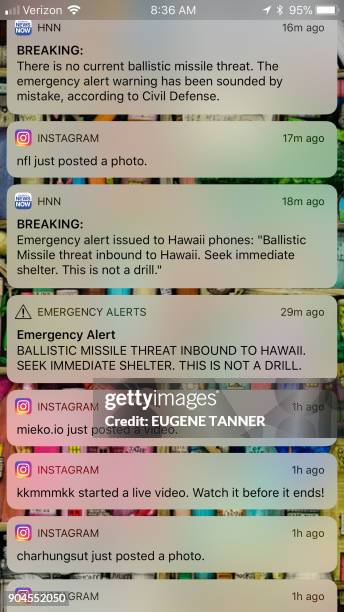 This photo illustration screenshot taken by the photographer of his cell phone shows messages of emergency alerts on January 13, 2018 of Honolulu,...