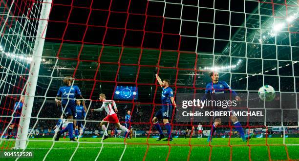 Leipzig´s forward Timo Werner celebrates scoring during the German first division Bundesliga football match between RB Leipzig and FC Schalke 04 in...