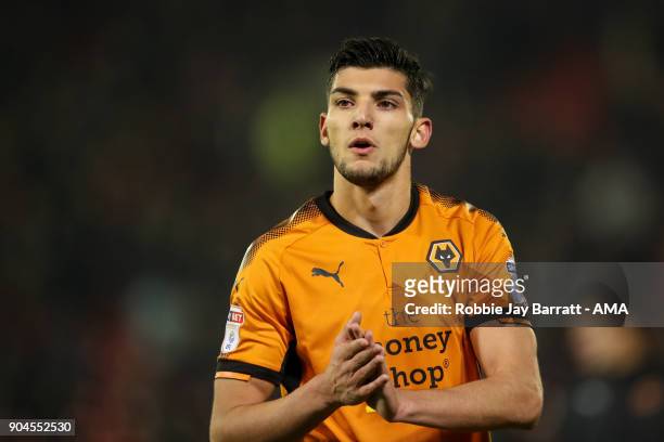 Rafa Mir of Wolverhampton Wanderers applauds the fans during the Sky Bet Championship match between Barnsley and Wolverhampton at Oakwell Stadium on...