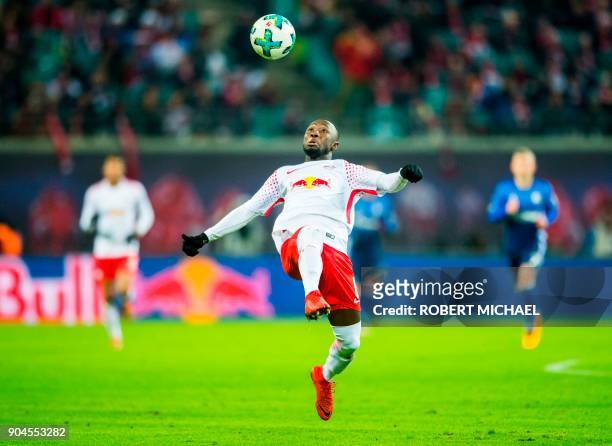 Leipzig´s Guinean midfielder Naby Keita plays the ball during the German first division Bundesliga football match between RB Leipzig and FC Schalke...