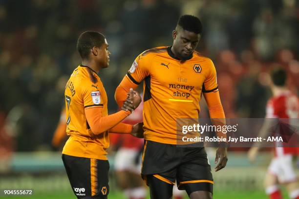 Ivan Caveleiro of Wolverhampton Wanderers and Alfred N'Diaye of Wolverhampton Wanderers at full time during the Sky Bet Championship match between...