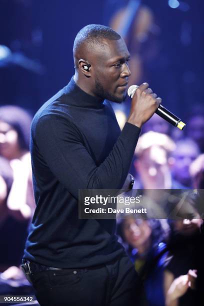 Images from this event are only to be used in relation to this event. Stormzy performs at the BRIT Awards 2018 nominations at ITV Studios on January...