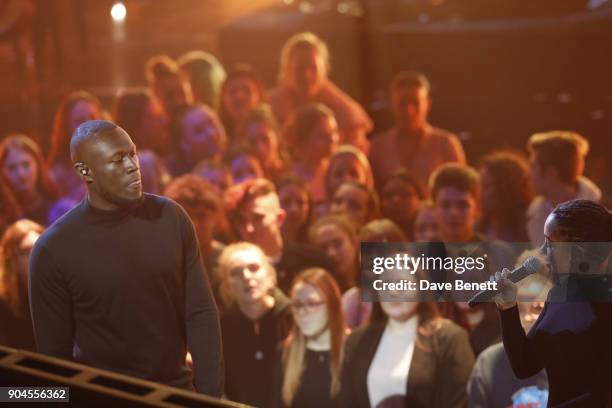 Images from this event are only to be used in relation to this event. Stormzy and Jorja Smith perform at the BRIT Awards 2018 nominations at ITV...