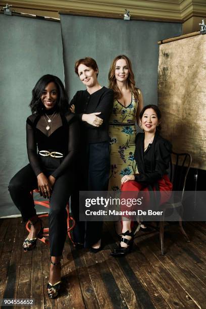 Kirby Howell-Baptiste, Fiona Shaw, Jodie Comer, Sandra Oh of BBC America's 'Killing Eve' pose for a portrait during the 2018 Winter TCA Tour at...