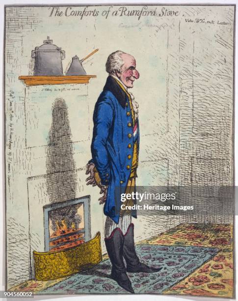 The Comforts of a Rumford Stove, pub. 1800 . This relates to Sir Benjamin Thompson, Count von Rumford ; founder of the Royal Institution..